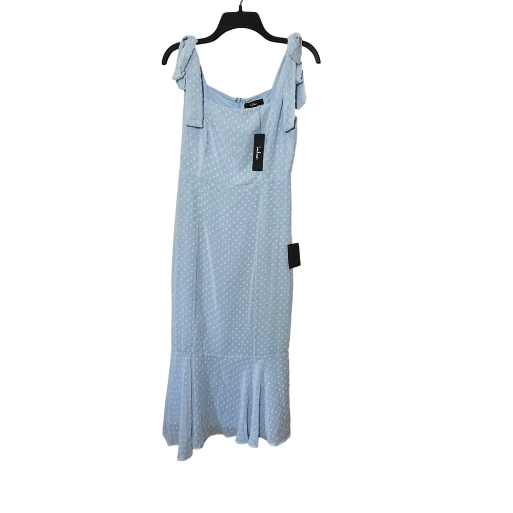 Lulus Light Blue Swiss Dot Tie-Strap Ruffle Midi Dress Small Square Neck